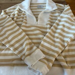 Dudley Stephens Women’s Quarter Zip-Up Sweater - White and Tan Stripes